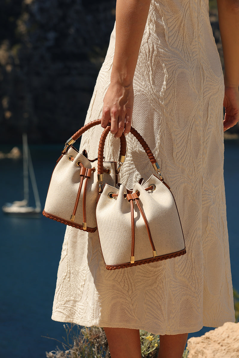 SAONARA BUCKET LINEN/CARAMEL LEATHER