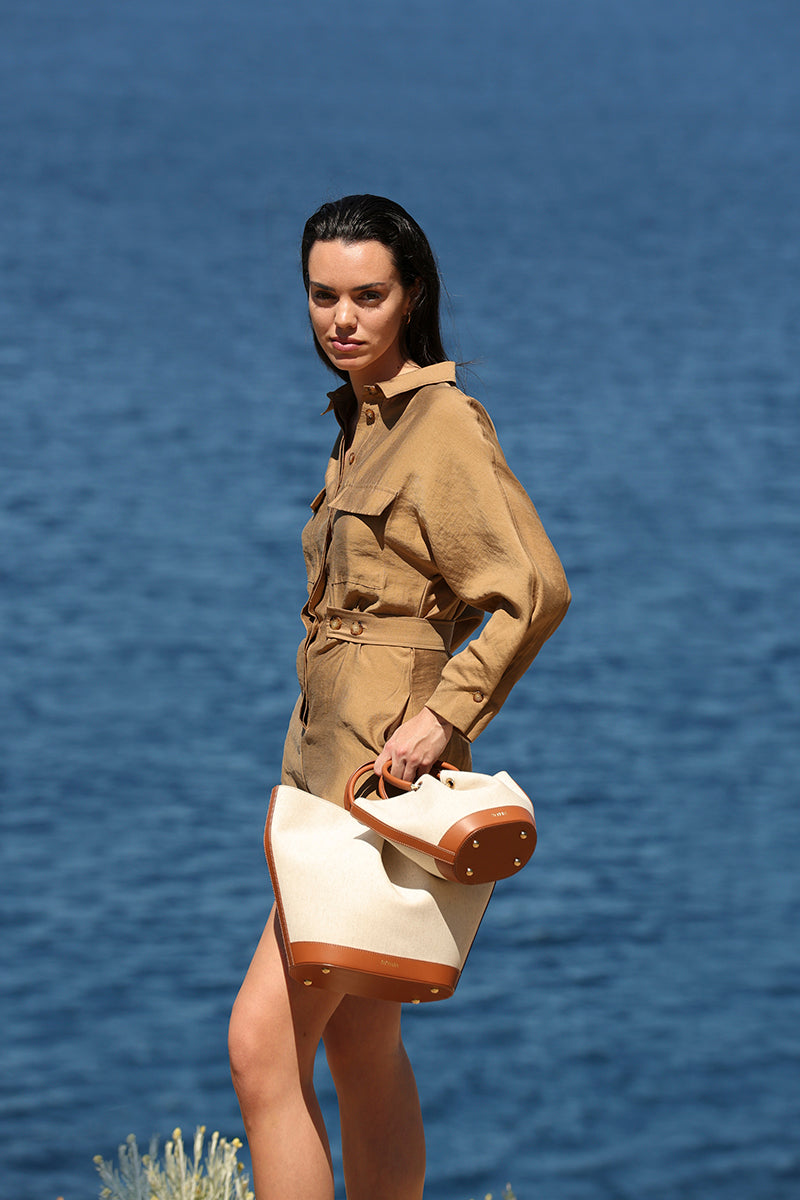 Capazo Bag Linen/Caramel Leather