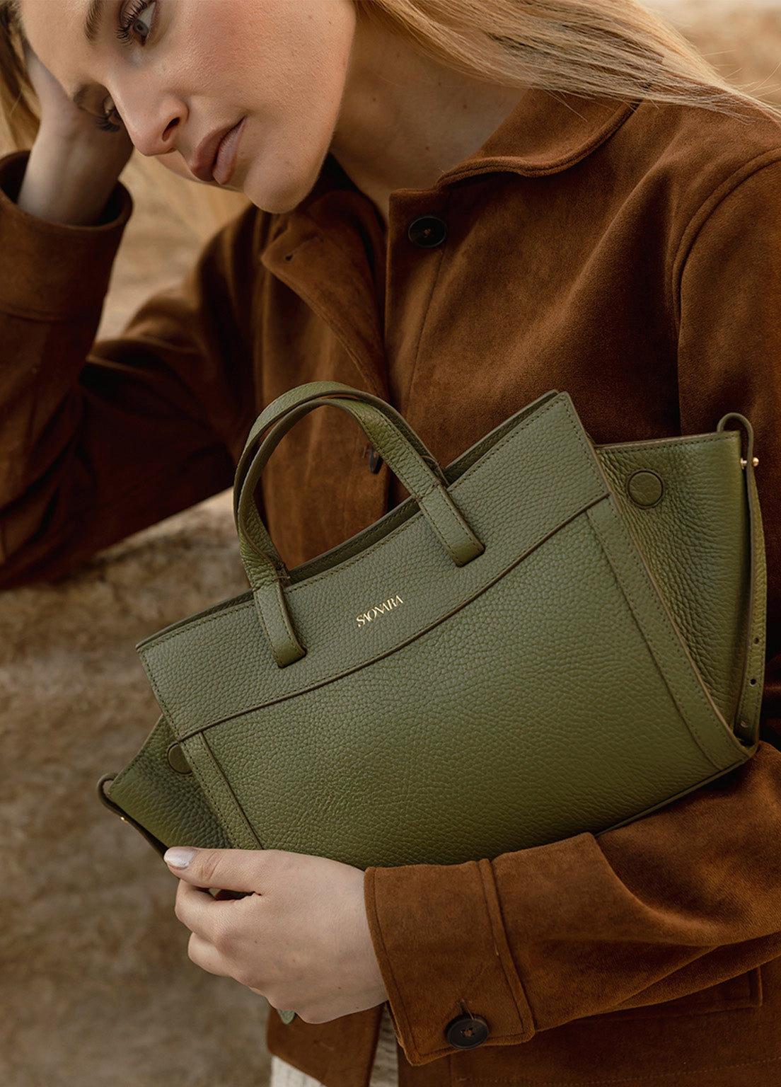 Mini Shopping Bag Khaki Leather