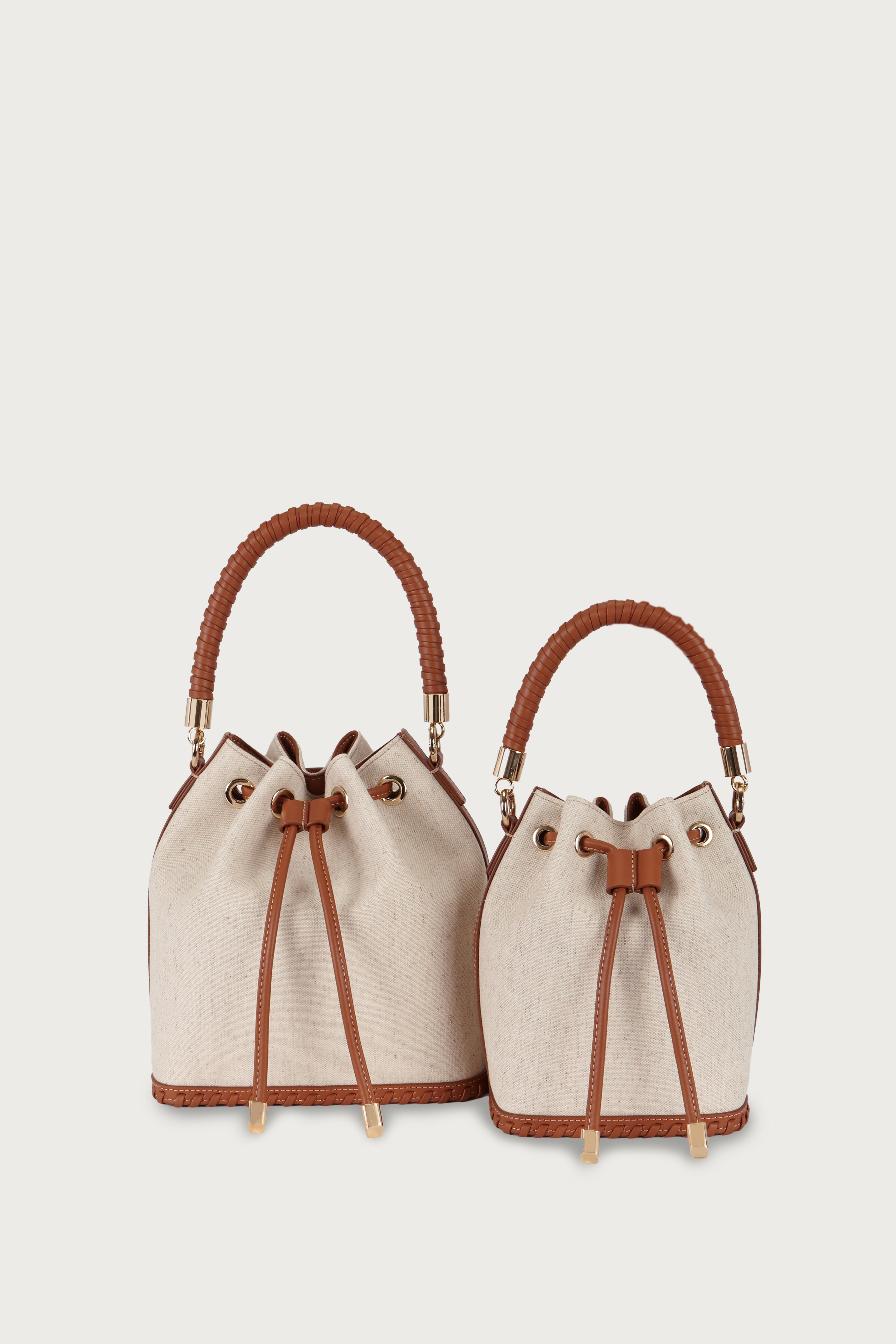 SAONARA MINI BUCKET LINEN / CARAMEL LEATHER