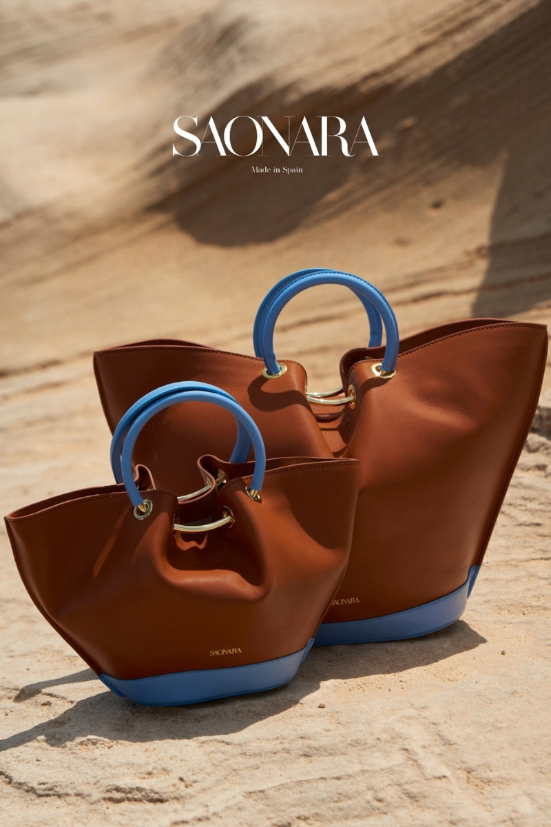 Mini Capazo Bag Caramel/Blue Sky Leather