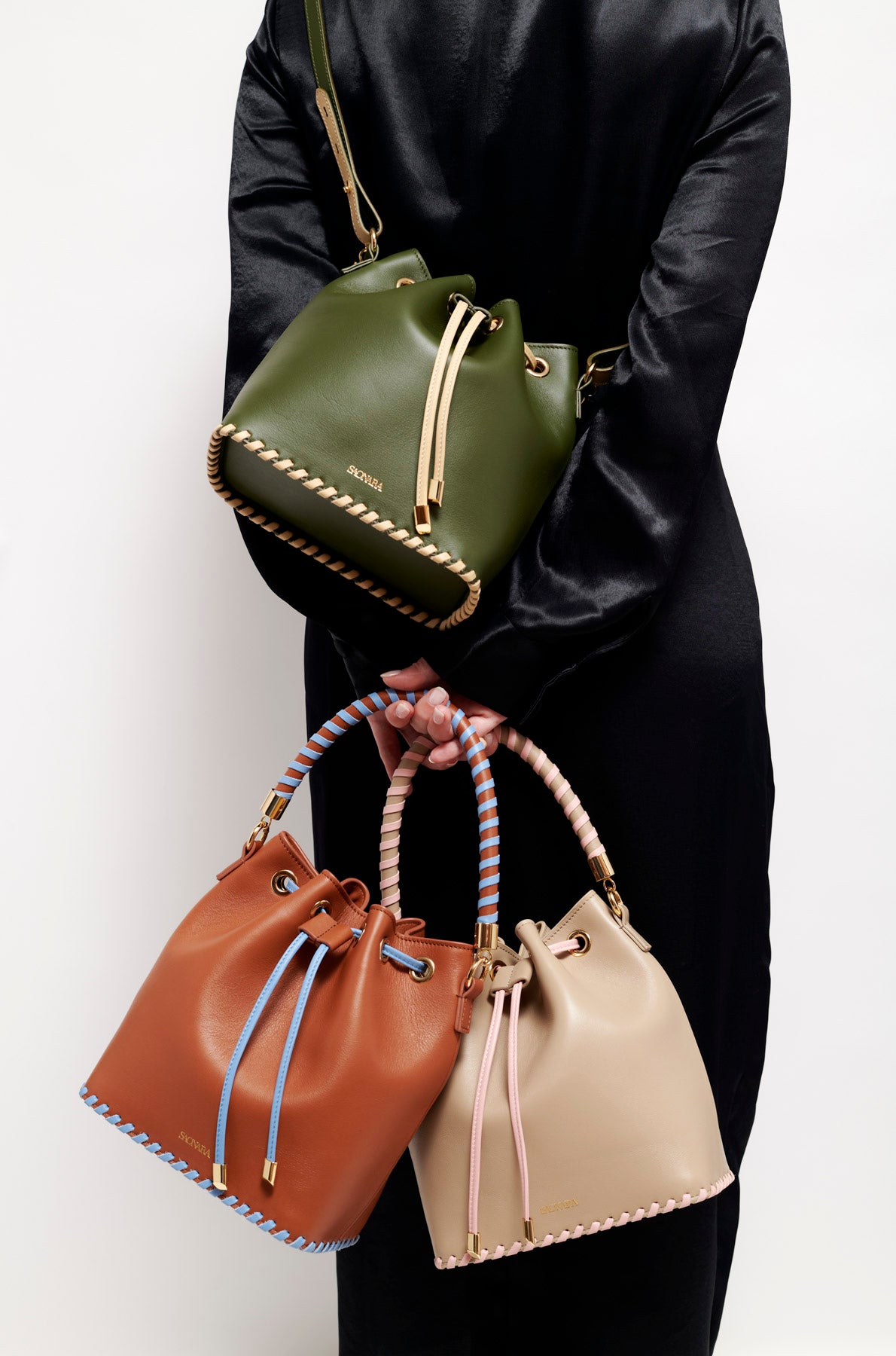 Bucket Bag Army/Cream Leather