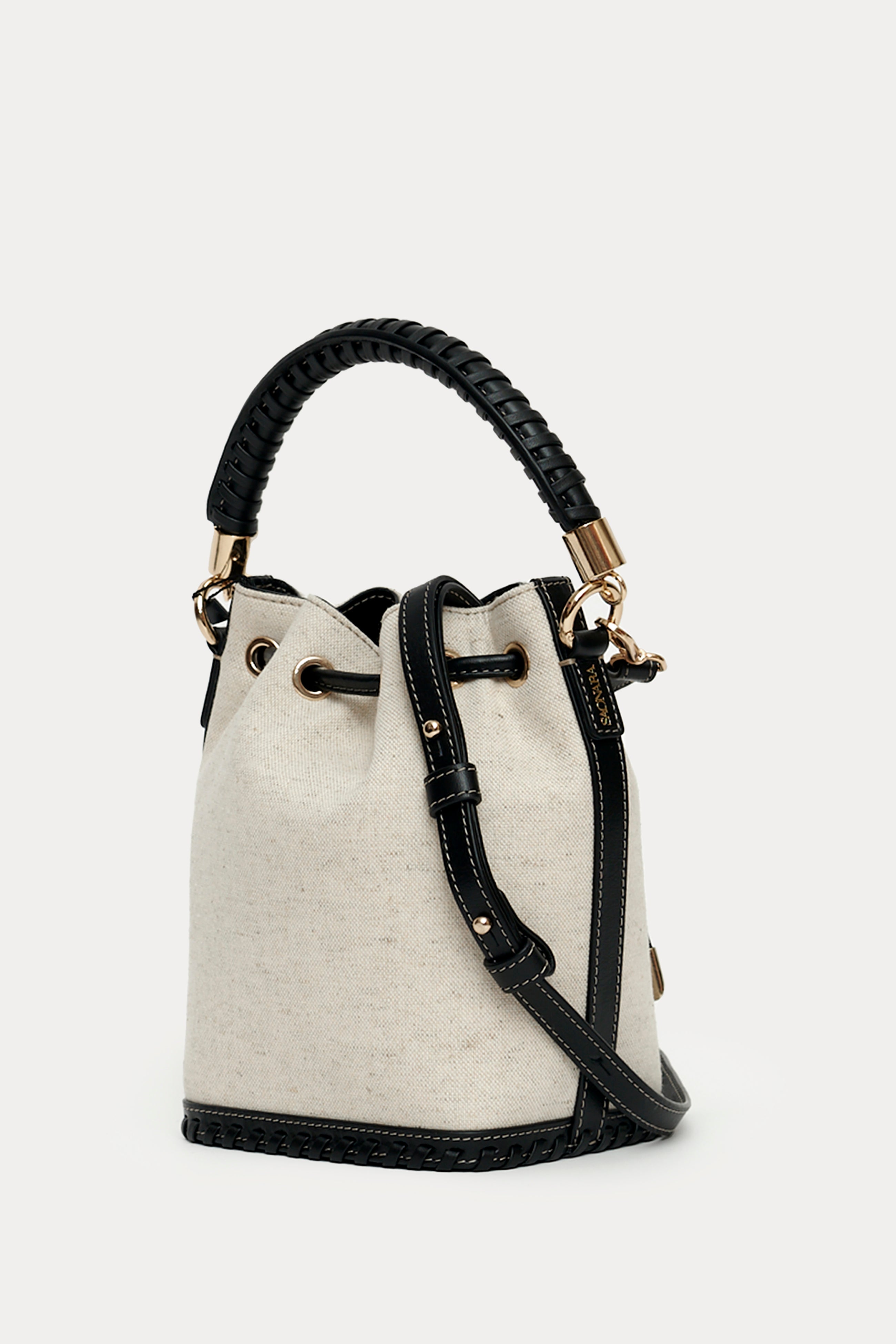 Mini Bucket Bag Linen/Black Leather